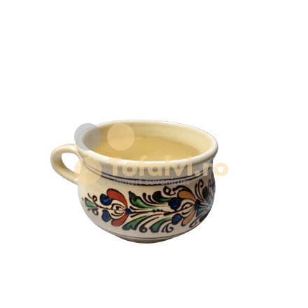 Painted ceramics soup bowl with handle from Corund