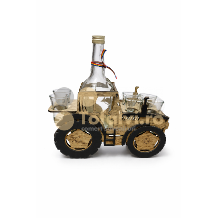 Suport din lemn în formă de tractor pentru sticlă și pahare