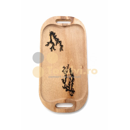solid wood serving tray with integrated handles and pyrography design