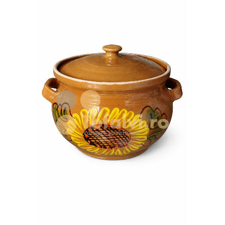 Traditional ceramic cooking pot with lid – yellow sunflower design