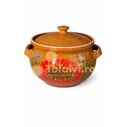 Traditional ceramic cooking pot with lid – sunflower design