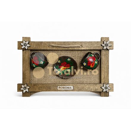 Decorative Hand-Painted Set with 2 Cups and Saucer, Romania Souvenir Frame