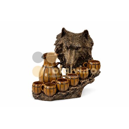Set carafă cu 6 căni „Cap de Lup” – suport decorativ rustic