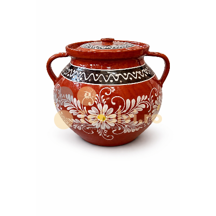 Oală tradițională din ceramică cu capac și două toarte 10l, decorată manual cu motive florale