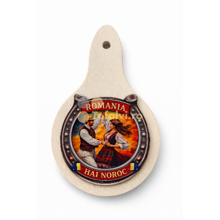 Wall hanging wooden decoration “Romania – Hai Noroc” with folk dance motive
