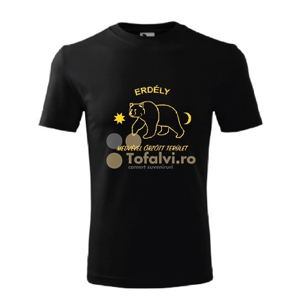 Tricou negru Erdély cu urs – model „Teritoriu păzit de urs”, suvenir Transilvania