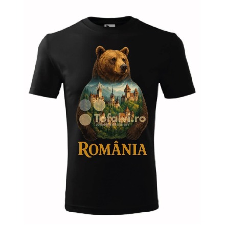 Tricou România cu urs carpatin și castele medievale