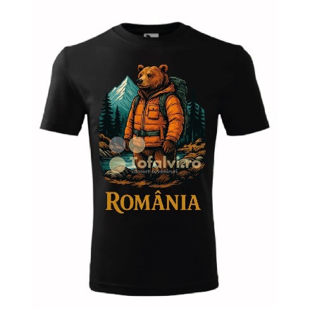 Tricou România cu urs drumeț și peisaj montan