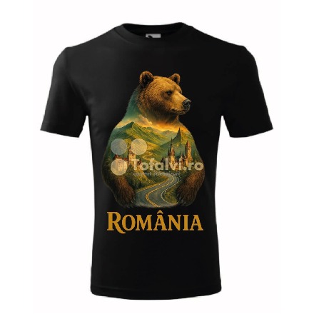 Tricou România cu urs carpatin, drum montan și castele transilvănene