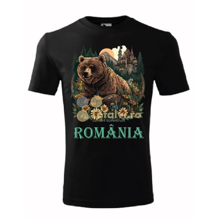 Tricou România cu urs carpatin și castel în peisaj floral