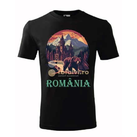 Tricou România cu urs, castel și peisaj montan la apus
