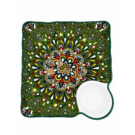 Platou pentru servire cu bol pentru sos, model mandala verde, ceramică