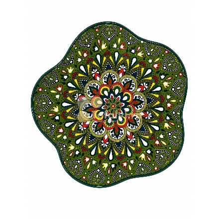Ceramic serving platter, organic shape, green mandala pattern