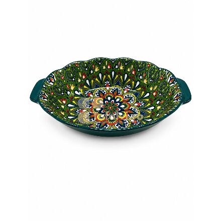 Bol oval din ceramică cu mânere, pentru servire, model mandala verde