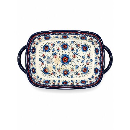 Platou dreptunghiular din ceramică cu mânere, pentru servire, model floral albastru