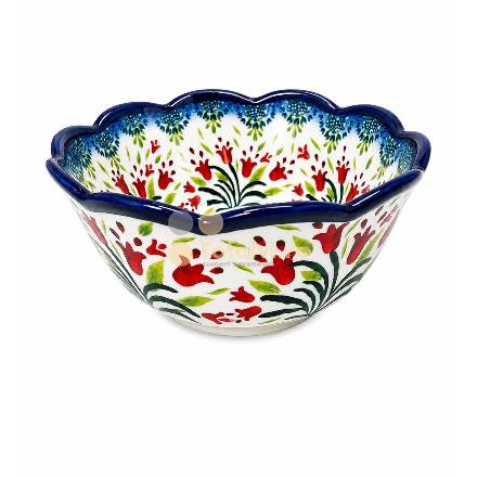 Bol rotund din ceramică cu margine ondulată, pentru servire, model floral albastru-roșu