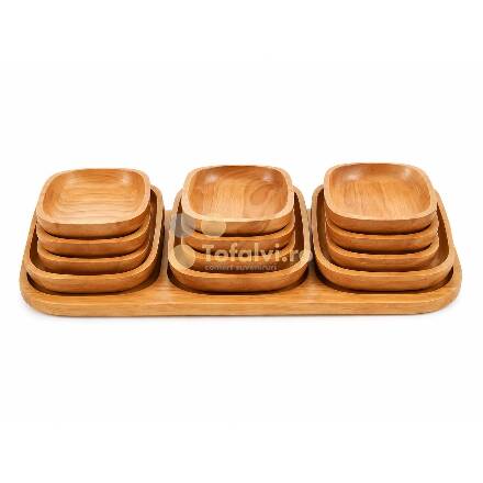 Set platouri din lemn pentru servire cu tavă – 12 piese