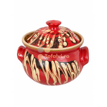 Red Ceramic Cabbage Roll Pot with Lid, Traditional Design