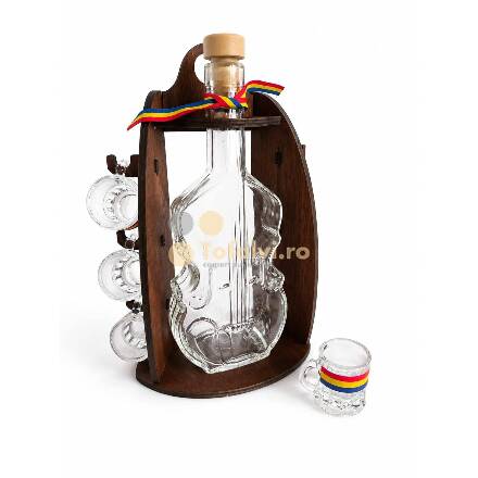 Set minibar din lemn cu sticlă în formă de vioară și 6 păhărele