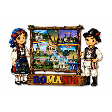 Magnet de frigider – Copii în costum popular românesc cu atracții turistice din România10buc/set