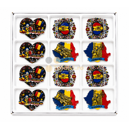 Set 12 magneți de frigider – România, modele tradiționale și harta României