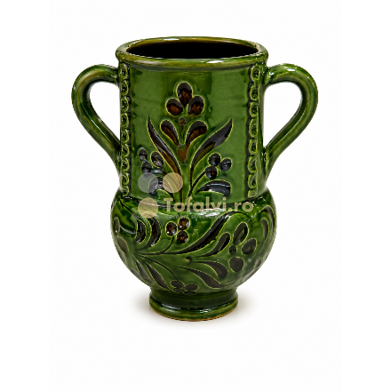 Cană ceramică decorativă verde cu două mânere și motive florale