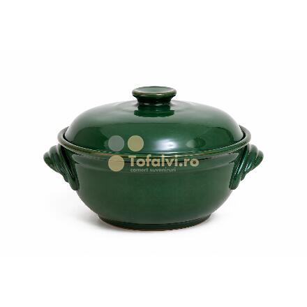 Oală ceramică verde cu capac și mânere mare 