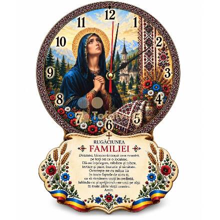 Ceas de perete cu rugăciunea familiei și motive tradiționale românești