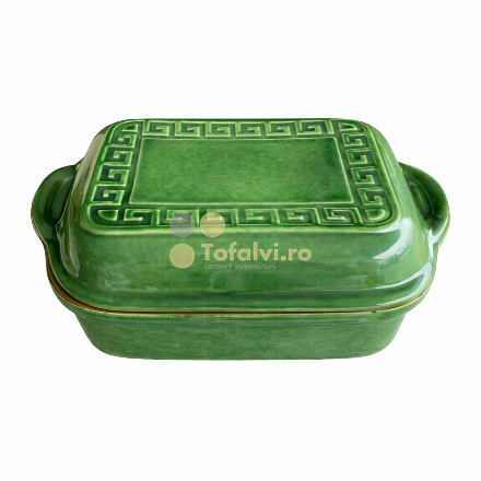 Vas de lut glazurat din ceramică, pătrat, cu capac verde