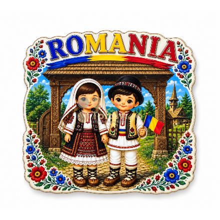„ROMANIA” Decorative Magnet with Children in Traditional Folk Costumes – 10 pcs/set