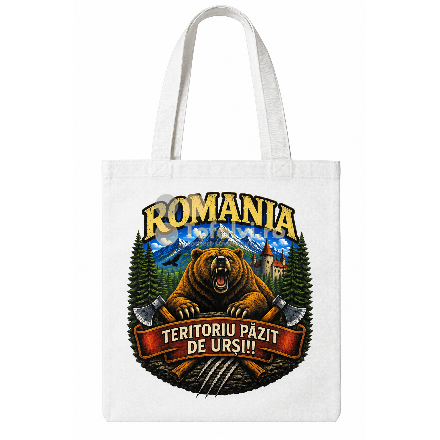 Plasă textilă albă cu imprimeu „România – Teritoriu păzit de urși”
