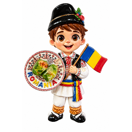 Magnet decorativ „Copil român în costum tradițional cu sarmale și steagul României”