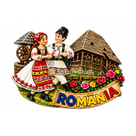 Magnet decorativ 3D „Cuplu în costum tradițional și casă țărănească – România”12buc/set