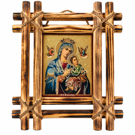 Icoană religioasă cu Maica Domnului și Pruncul Iisus, în ramă rustică din lemn mijlociu 