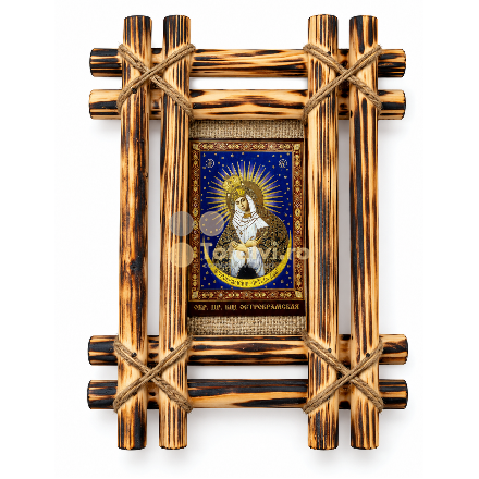 Icoană religioasă cu Maica Domnului și Pruncul Iisus, în ramă rustică din lemn mic 