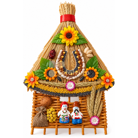 Cǎsutǎ decorativă din paie cu potcoavă și decorațiuni tradiționale