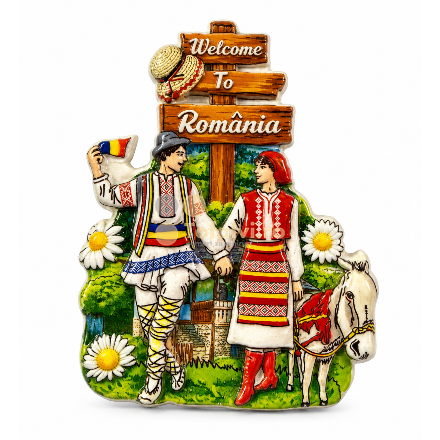 Magnet frigider „Bun venit în România” cu cuplu tradițional și măgăruș12buc/set 