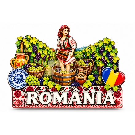 Magnet decorativ România – tradiție viticolă și femeie în costum popular – 12 buc/set