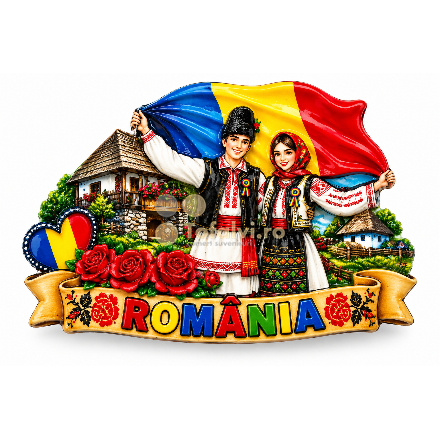 Magnet decorativ România cu steagul și cuplu în costume tradiționale – 12 buc/set