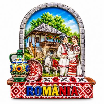 Magnet decorativ România – cuplu tradițional și casă țărănească – 12 buc/set
