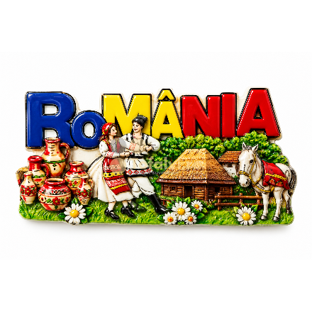 Magnet suvenir România cu sat tradițional și cuplu – 12 buc/set