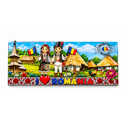 Magnet suvenir „I ❤️ România” cu copii în port tradițional – 12 buc/set