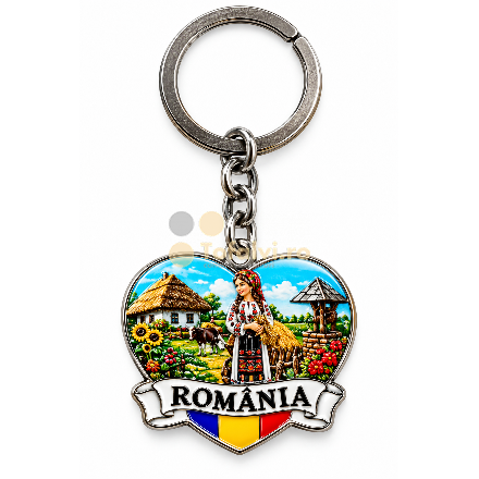 Breloc România – Inimă cu peisaj tradițional românesc și steagul României, 12 buc/set