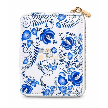 Portofel mic cu fermoar, model floral albastru tradițional