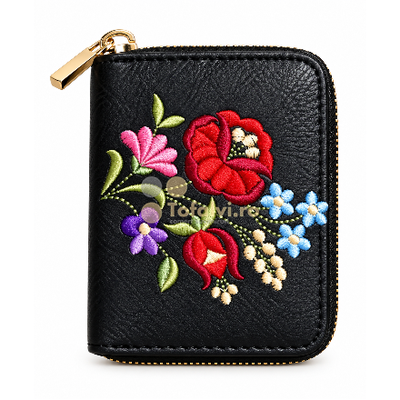 Portofel mic negru cu fermoar și broderie florală