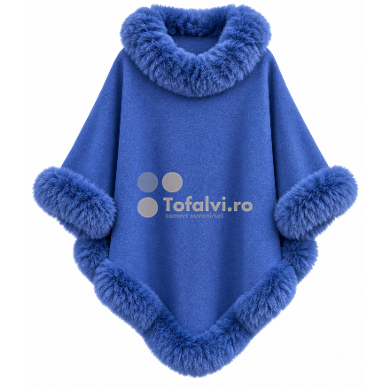 Blue Women’s Cape with Faux Fur Collar, Cuffs and Trim