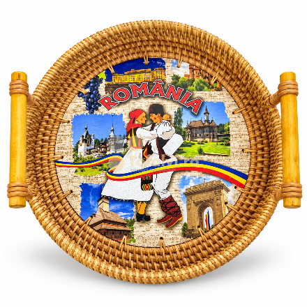 Woven Decorative Tray with Traditional Romanian Motifs