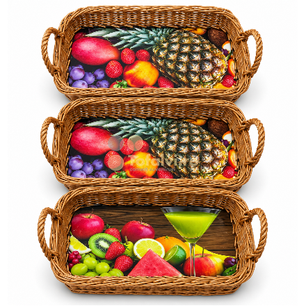 Set of 3 Woven Decorative Trays with Handles and Fruit Design