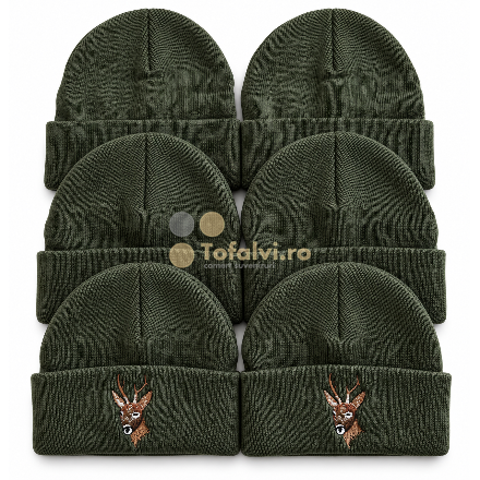 Căciulă tricotată verde închis cu broderie cerb – 12buc/set