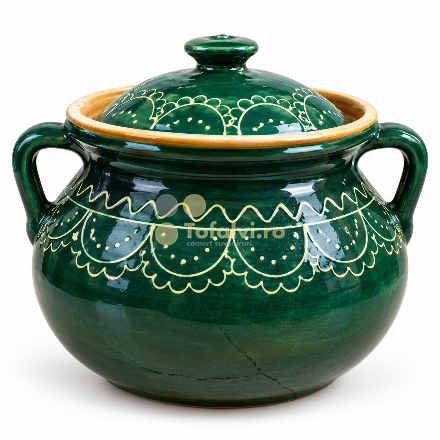 Oală tradițională din ceramică verde cu capac mic 